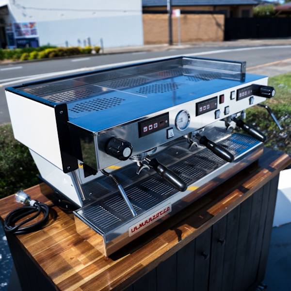 Immaculate La Marzocco Linea AV Gloss White with Chrono Shot Timers